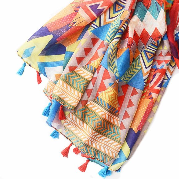 Multi Color Exotic Woman Scarf Red Tassel Shawl Colorful Head Wrap Rainbow Scarf - Picture 3 of 4